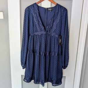 NEW Lulu's "Wistful Moment" Navy Blue Swiss Dot Tiered Mini Dress S Small